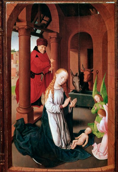 Triptych of Prado (eller Adoration of Magi): Nativite venstre panel (maleri, ca. 1470) av Hans Memling