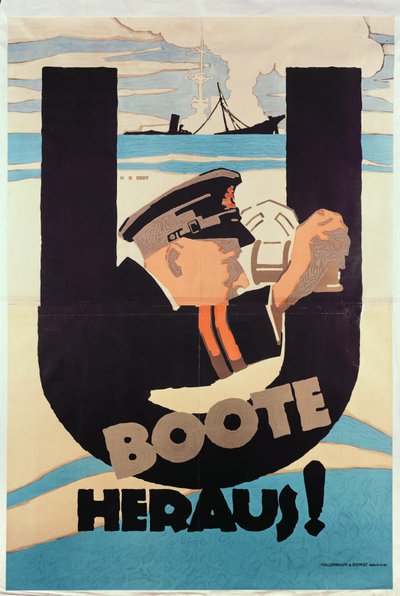 Tysk plakat fra første verdenskrig, U BOATS AWAY av Hans Rudi Erdt