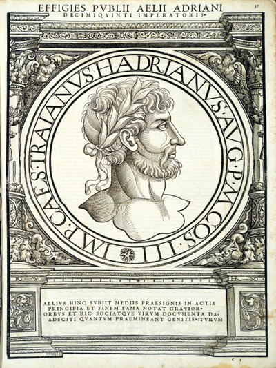 Aelius Hadrianus, illustrasjon fra de romerske keiserne i hele øst og vest, de sanneste bildene av gamle mynter, tresnitt av Rudolph Wyssenbach, trykt av Andreas Gesner, Zuri av Hans Rudolf Manuel Deutsch