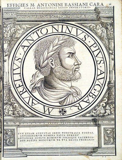 Heliogabalus, illustrasjon fra de mest autentiske bildene av de gamle romerske keiserne i øst og vest, tresnitt av Rudolph Wyssenbach, trykt av Andreas Gesner, Zürich, av Hans Rudolf Manuel Deutsch
