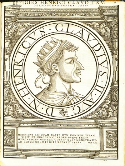 Henry II Claudus, illustrasjon fra de romerske keiserne i hele øst og vest med de mest autentiske bildene av de gamle myntene, tresnitt av Rudolph Wyssenbach, trykt av Andreas Gesner, Z av Hans Rudolf Manuel Deutsch