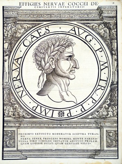 Nerva, illustrasjon fra 'The Roman Emperors of all East and West', tresnitt av Rudolph Wyssenbach, trykt av Andreas Gesner, Zürich, 1559 av Hans Rudolf Manuel Deutsch