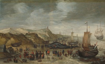 En spermhval vasket opp på stranden i Noordwijk, 28. desember 1614 av Hans Savery (I) (attributed to)