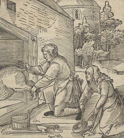 A Farmer Slaughtering a Hog, fra Hymmelwagen auff dem, wer wol leben..., 1517. av Hans Schäufelein the Elder