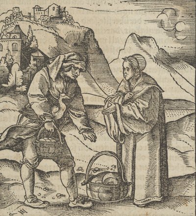 En bonde og hans beskytter, fra Hymmelwagen auff dem, wer wol leben..., 1517. av Hans Schäufelein the Elder