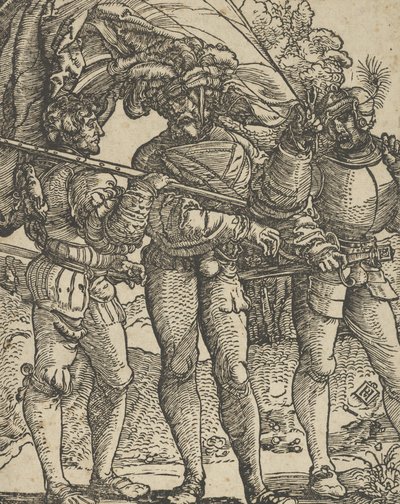 En fanebærer flankert av et Lansquenet på hver sidekopi. av Hans Schäufelein the Elder