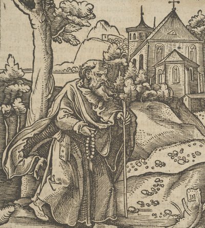 En gammel pilegrim som går til høyre, fra Hymmelwagen auff dem, wer wol Leben..., 1517. av Hans Schäufelein the Elder