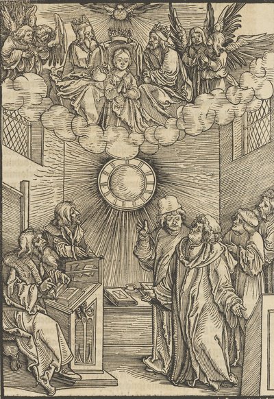 Forfatteren som skriver Layenspiegel, Treenigheten og Jomfruen i det øvre senteret, fra ..., 1511. av Hans Schäufelein the Elder