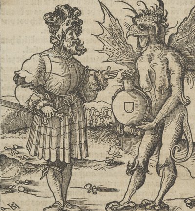 The Devil Offering Poison to a Knight, fra Hymmelwagen auff dem, wer wol leben..., 1517. av Hans Schäufelein the Elder