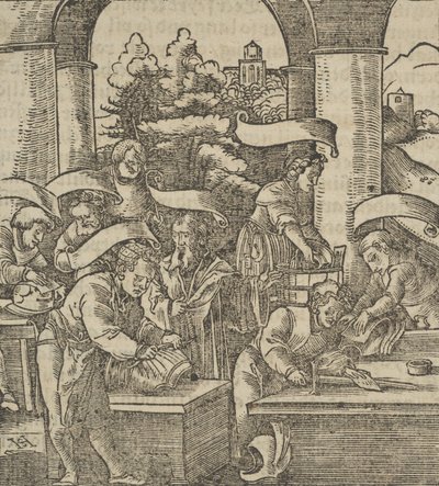 The Making of Armours, fra Hymmelwagen om hvem som lever godt..., 1517. av Hans Schäufelein the Elder