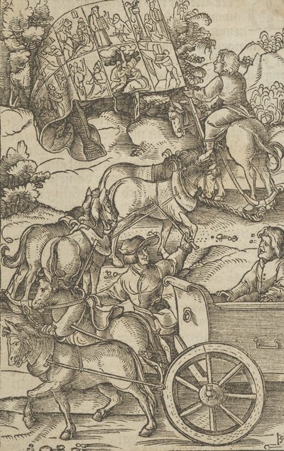 The Virtuous Man on a Chariot on his Way to Heaven, fra Hymmelwagen auff dem, wer wol leb..., 1517. av Hans Schäufelein the Elder