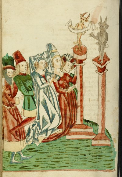 En gruppe menn og kvinner tilber to idoler, 1469 (blekk, vask og tempera på papir) av Hans Schilling