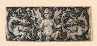 Frise med bevinget kvinneskikkelse og to groteske haner av Hans Sebald Beham