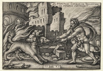 The Labors of Hercules: Hercules som drar Cerberus fra underverdenen av Hans Sebald Beham