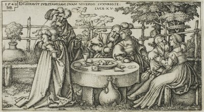 The Prodigal Son Wasting his Fortune, plate to fra The History of the Prodigal Son av Hans Sebald Beham