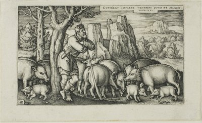 The Prodigal Son with the Swine, plate tre fra The History of the Prodigal Son av Hans Sebald Beham