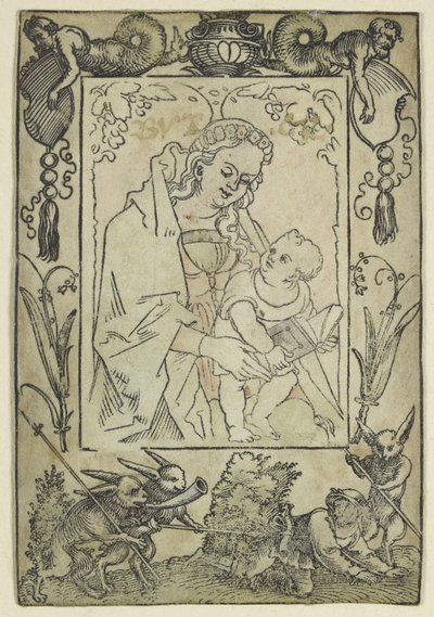 Jomfruen og barnet omgitt av en kant med en jeger og noen kaniner (tresnitt, overarbeidet i akvarell, trykt på pergament) av Hans Sebald Beham