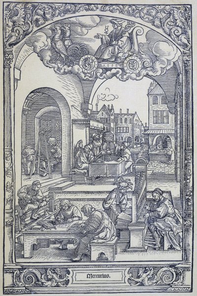 Planeten Merkur og kunstnere, lærde og teknikere, c1535 (gravering) av Hans Sebald Beham