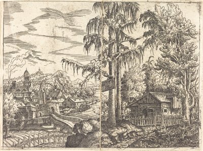 Landskap med utsikt over en bondehytte og en by nær en elv, 1551. av Hans Sebald Lautensack
