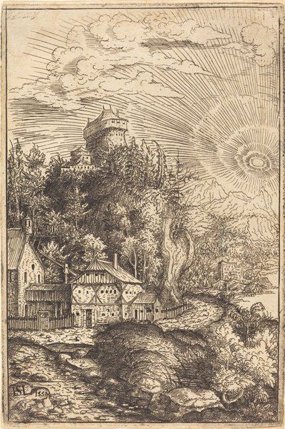Landskap med et slott og strålende sol, 1553. av Hans Sebald Lautensack