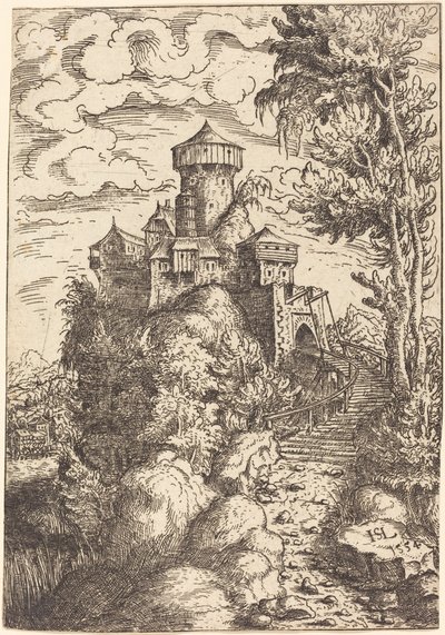 Landskap med en festning og stor trapp, 1554. av Hans Sebald Lautensack