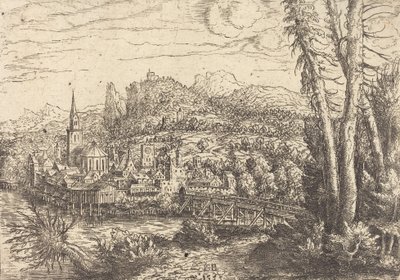 Utsikt over en by nær en elv, 1553. av Hans Sebald Lautensack