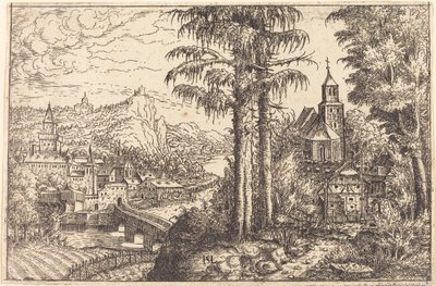 Utsikt over en by nær en elv med en kirke til høyre, 1553. av Hans Sebald Lautensack