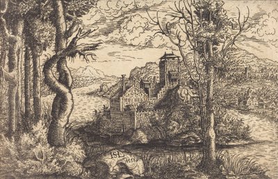 Utsikt over en elv med et slott på en øy, 1553. av Hans Sebald Lautensack