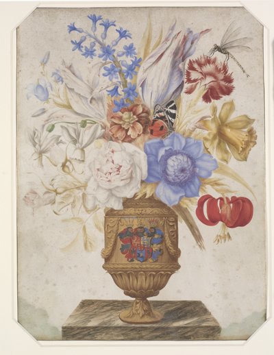 Blomster i forgylt vase med Holstein-Gottorps våpenskjold. av Hans Simon Holtzbecker