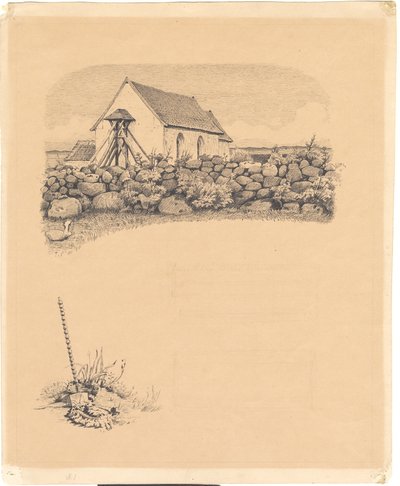 Illustrasjon for St. St. Bleachers: "Mowns". F.o.: kirke bak steiner; f.n.: gravsted (?) med spade av Hans Smidth