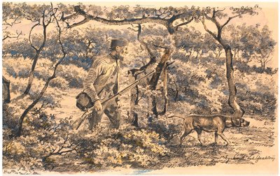 Krypskytter med hund i skogen av Hans Smidth