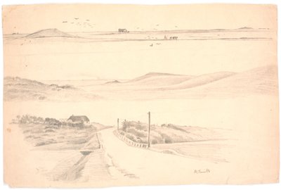 Studieblad med tre landskap fra Jylland. Øverst: landskap med pløyd åker; midten: landskap med høye åser; nederst: landskap med hus og vei av Hans Smidth