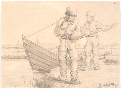 To limfjordsfiskere trekker en båt av Hans Smidth