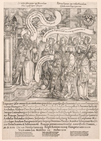 Maximilian presentert av hans skytshelgener til den allmektige, 1519. av Hans Springinklee