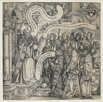 Maximilian presentert av sine skytshelgener til den allmektige, 1519 av Hans Springinklee
