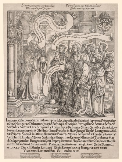 Keiseren Maximilian presentert av hans skytshelgener til den allmektige av Hans Springinklee