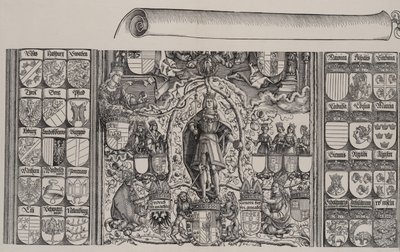Den øvre delen av Genealogien til Maximilian, med høyre kant av rullen for ..., 1515. av Hans Springinklee