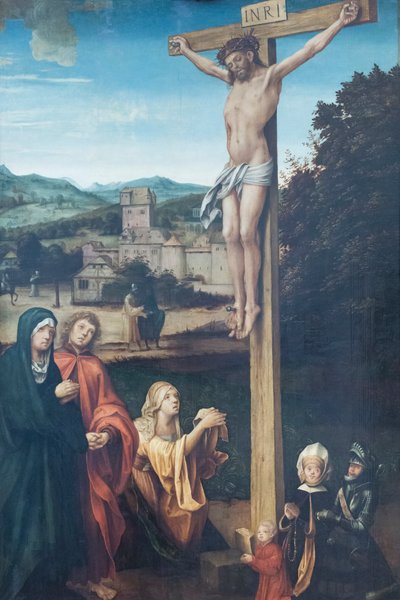 Kristus korsfestet med Maria, Johannes, Maria Magdalena og beskyttere av Hans Suess Kulmbach