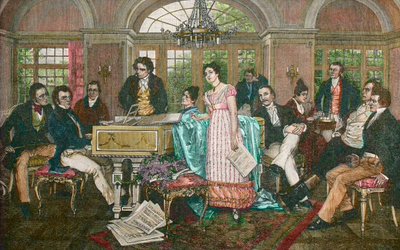 FRANZ SCHUBERT (1797-1828) Østerriksk komponist - Schubert-aften hjemme hos Joseph von Spaun - fra venstre til høyre: Bauernfeld, Schubert, Kupelwieser, Beethoven, Frohlich-søstrene, Mayrhofer, Schwind, Spaun, Vogl, Grillparzer - Schubert i Spaun etter sme av Hans Temple