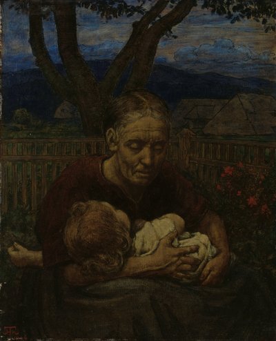 Mor og barn i en hage av Hans Thoma