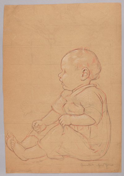Studie av et sittende barn, verso: en gammel mann sittende på en stein av Hans Thoma