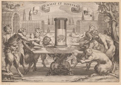 Satyrer rundt en anamorfose av en elefant Format et Illustrat (tittel på objekt) av Hans Troschel