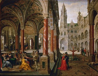 Palass med musikere - Hans Vredeman de Vries (Jan de Vriese ou Friedman de Frise) (1526-1606). olje på lerret av Hans Vredeman de Vries
