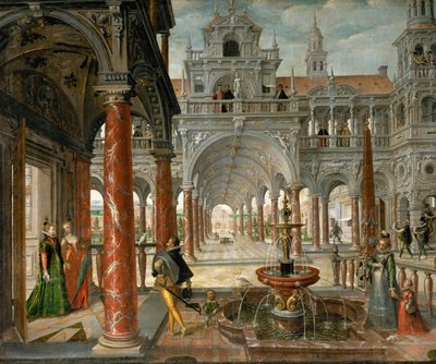 Et palass med utmerkede besøkende - Palass med utmerkede besøkende - Hans Vredeman de Vries (Jan de Vriese eller Friedman av Friesland) (1526-1606). Olje på lerret, ca. 1596. Størrelse: 137x164 cm. Kunsthistorisk museum, Wien av Hans Vredeman de Vries