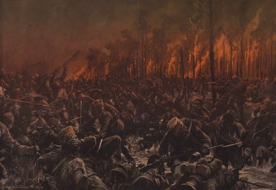 Et nattangrep på de britiske stillingene på Yser (farge litho) av Hans W. (after) Schmidt