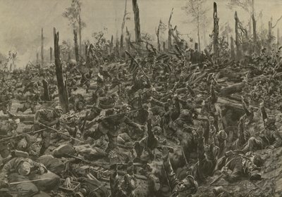 Tysk angrep på franske blokkhus og skyttergraver i Bois-le-Pretre etter artilleribombardementet 5. juli 1915 (litho) av Hans W. (after) Schmidt