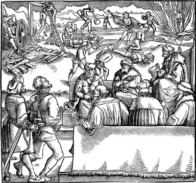 Rettsmøte. Illustrasjon fra boken Phisicke Against Fortune av Petrarch, 1532 av Hans Weiditz the Younger