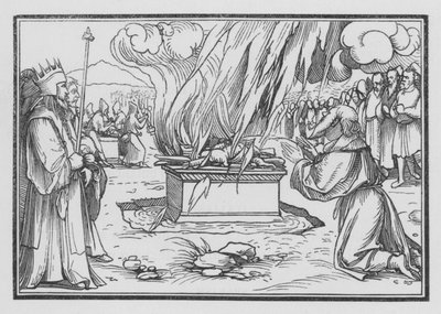 Elijah ber, blir besvart av ild fra himmelen, 1. Kongebok XVIII, 38 av Hans after Holbein the Younger