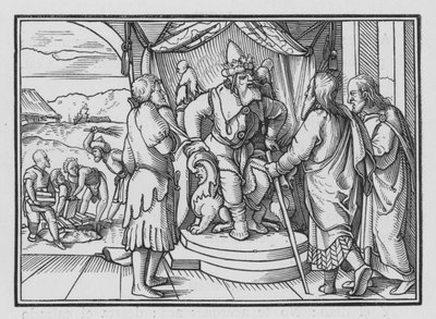 Farao Chideth Moses og Aron for deres budskap, Exodus V, 2 av Hans after Holbein the Younger
