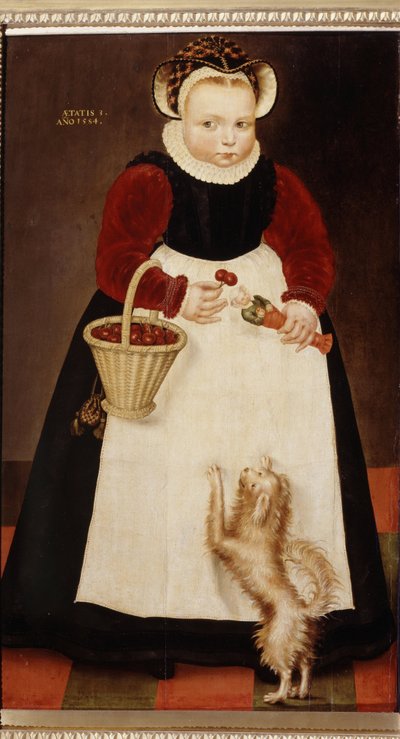 ""Portrett av en liten jente som holder en kurv med kirsebær og en liten dukke"" (Portrett av en ung jente) Hun bærer en jordbærkrage Maleri av Hans Bock den eldste (ca. 1550-1623) 1584 Pushkin Museum, Moskva av Hans the Elder Bock